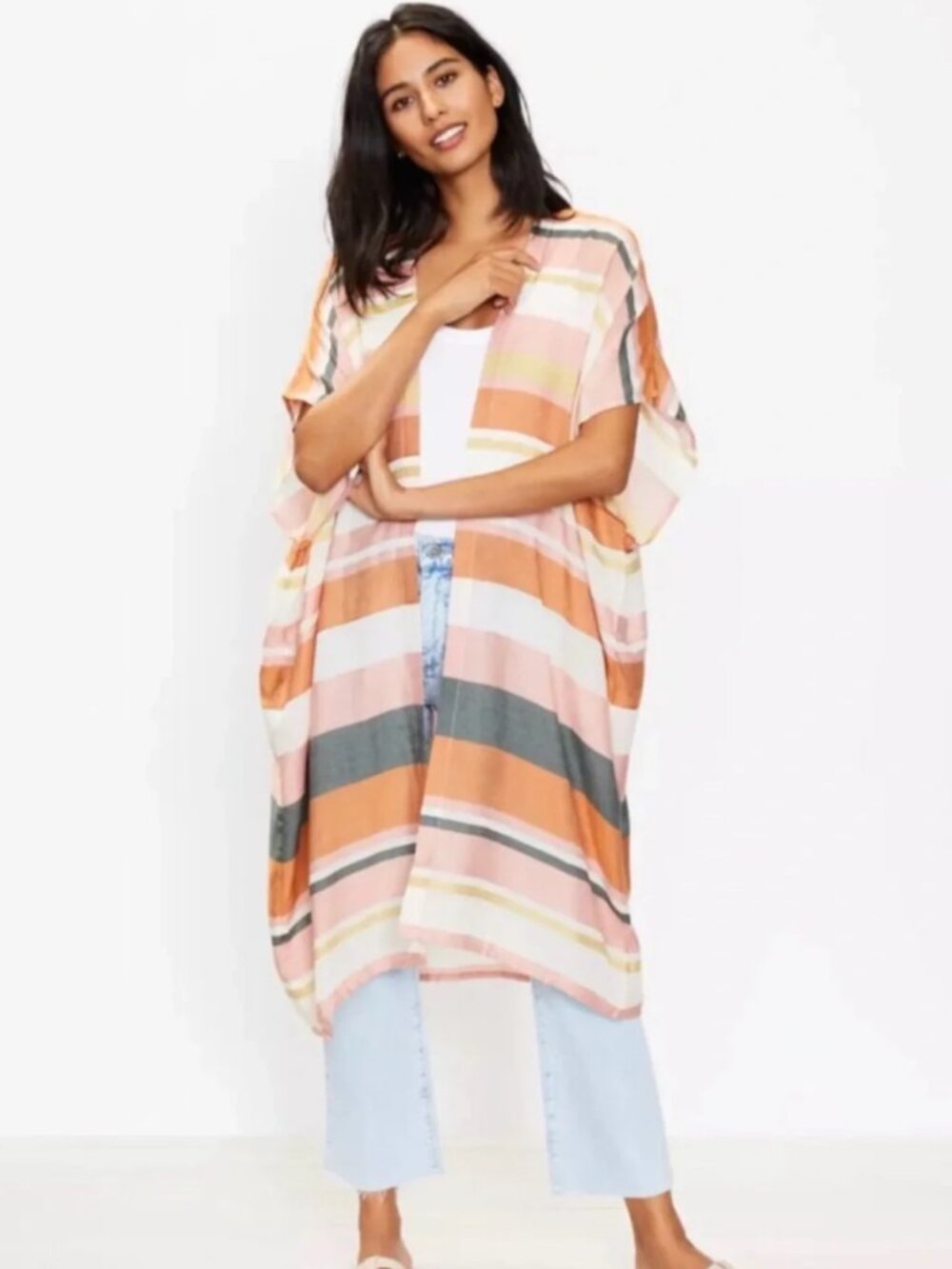 Loft Striped Pink Striped Long Kimono Swim Cover up Duster Open Cardigan XS/S